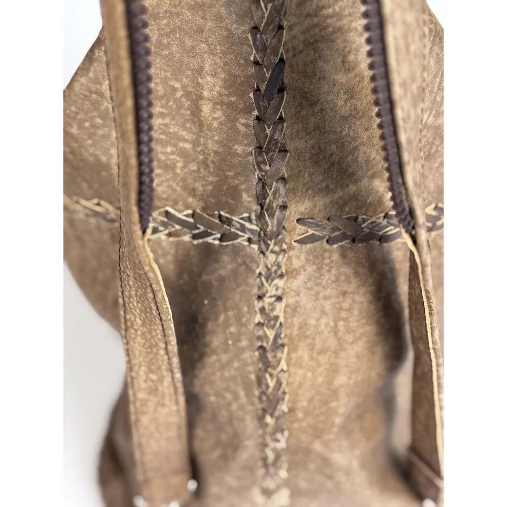 Distressed Brown Vegan Leather Bohemian Chic Slingback Bucket Bag